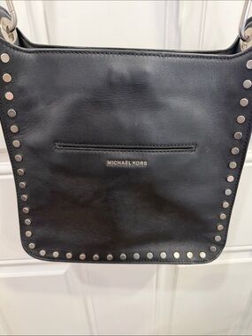 Michael Kors Black Leather Studded Shoulder Bag with Silver-Tone Accents